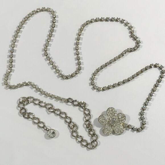 VTG Silver Rhinestone Belt Sash Chain Pave Flower Buckle Metal 60s 70s Formal 90s Y2k 2000s Vintage Silver Stretch Belt Metal Silver  main image 4